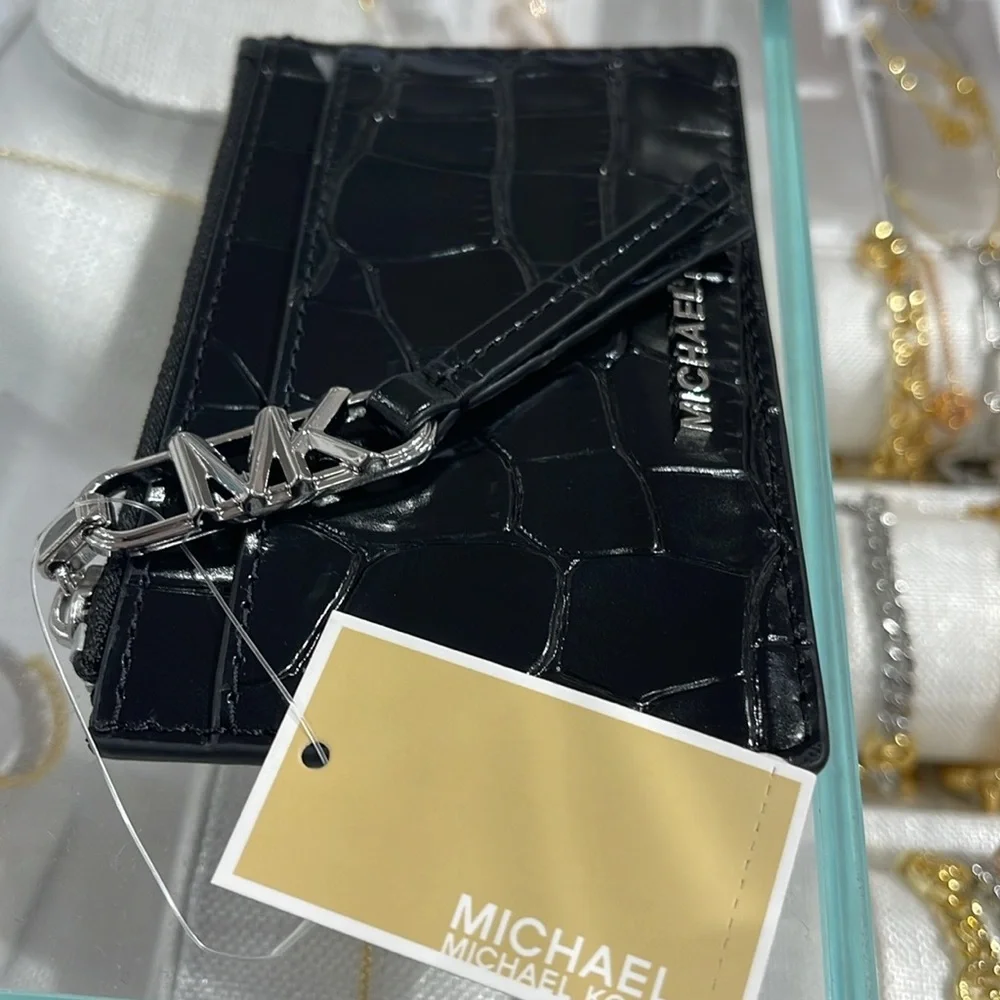 Michael Kors Empire Small Crocodile Embossed Leather Card Case Black  NWT